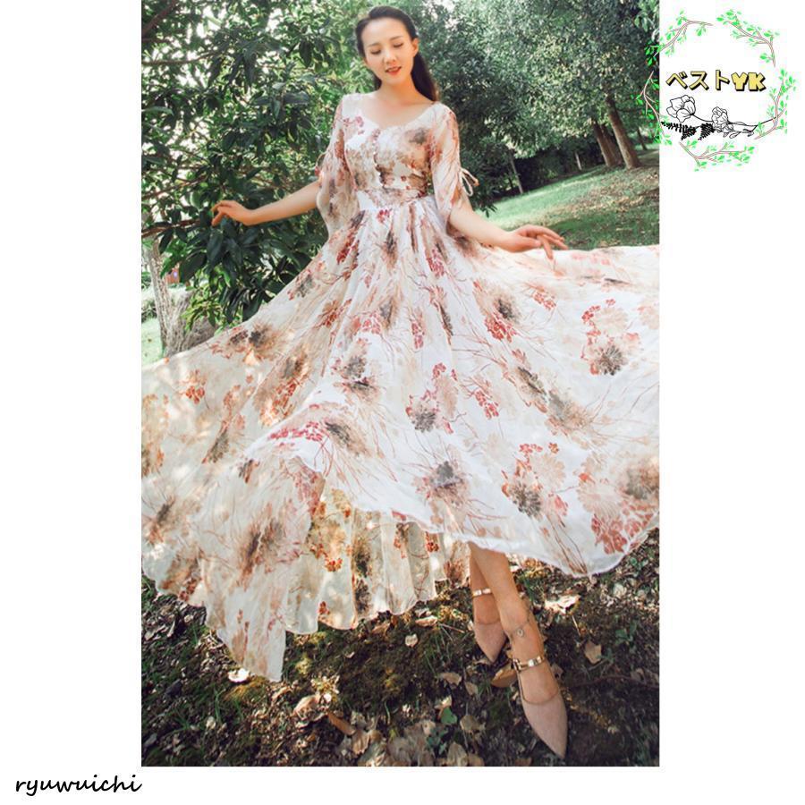 レディース 半袖 ワンピース ロング丈 花柄 シフォン ワンピース