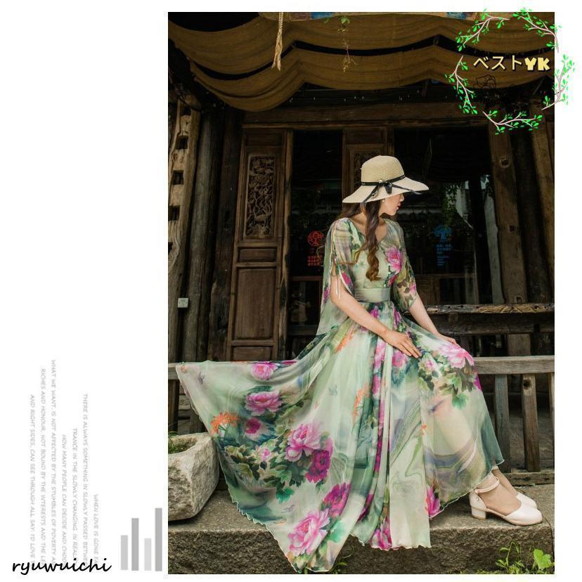 レディース 半袖 ワンピース ロング丈 花柄 シフォン ワンピース