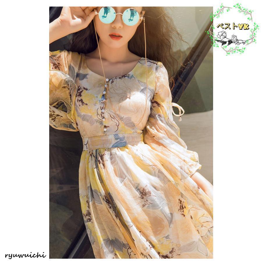 レディース 半袖 ワンピース ロング丈 花柄 シフォン ワンピース