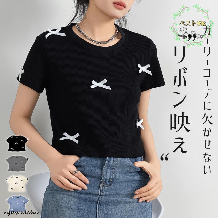 ワッフル生地 Tシャツ レディース 半袖 リボン トップス 1枚で決まる