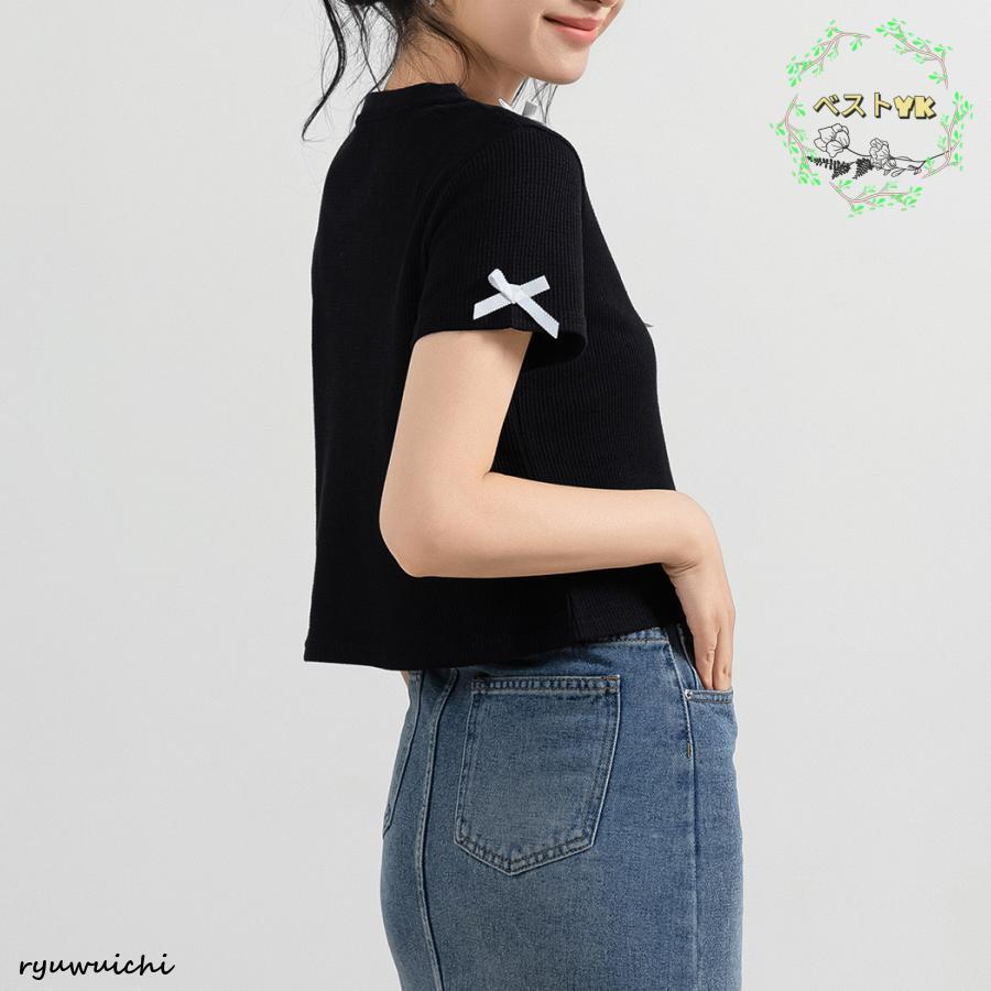 ワッフル生地 Tシャツ レディース 半袖 リボン トップス 1枚で決まる