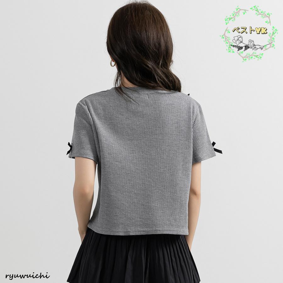 ワッフル生地 Tシャツ レディース 半袖 リボン トップス 1枚で決まる