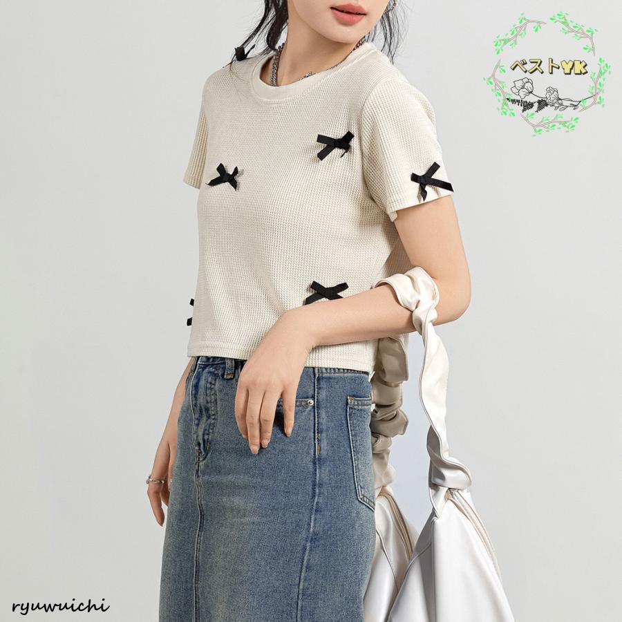 ワッフル生地 Tシャツ レディース 半袖 リボン トップス 1枚で決まる