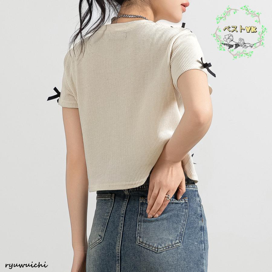 ワッフル生地 Tシャツ レディース 半袖 リボン トップス 1枚で決まる
