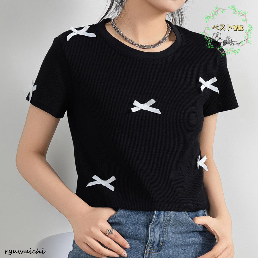 ワッフル生地 Tシャツ レディース 半袖 リボン トップス 1枚で決まる