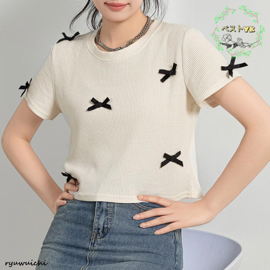 ワッフル生地 Tシャツ レディース 半袖 リボン トップス 1枚で決まる