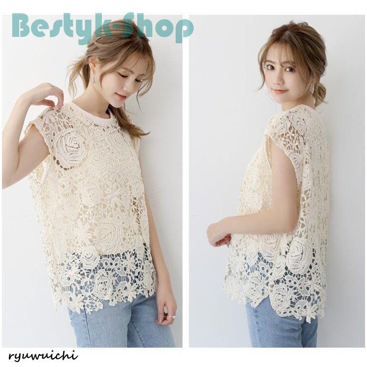 お盆限定価格 ストライプ レース 半袖ブラウス　フレンチスリーブ ブラウス レース インナー付き セットアップ風 フレンチスリーブ