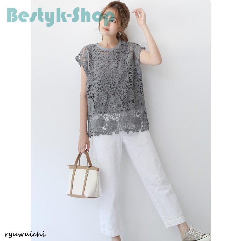 お盆限定価格 ストライプ レース 半袖ブラウス　フレンチスリーブ お盆限定価格 ストライプ レース 半袖ブラウス フレンチスリーブ