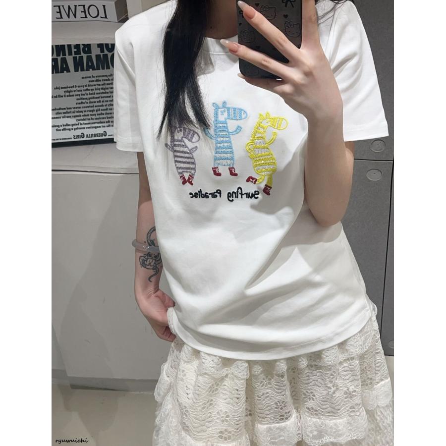 レディース 夏用Tシャツ 刺繍入り オーバーサイド 綿 ビーズ装飾