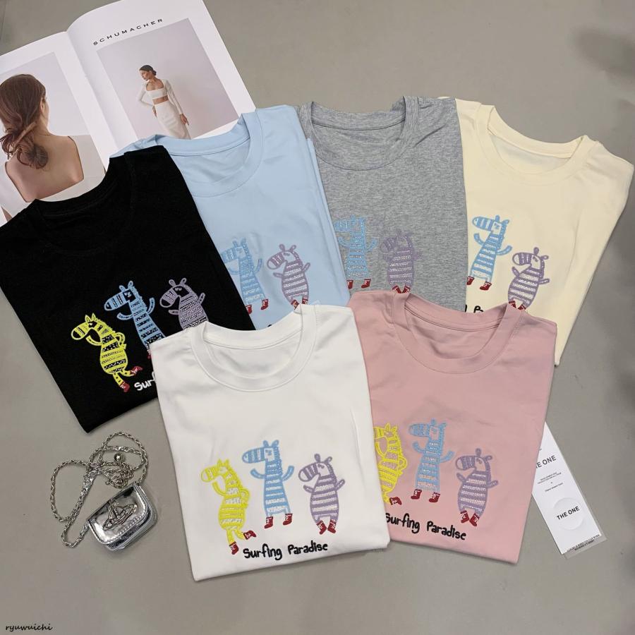 レディース 夏用Tシャツ 刺繍入り オーバーサイド 綿 ビーズ装飾