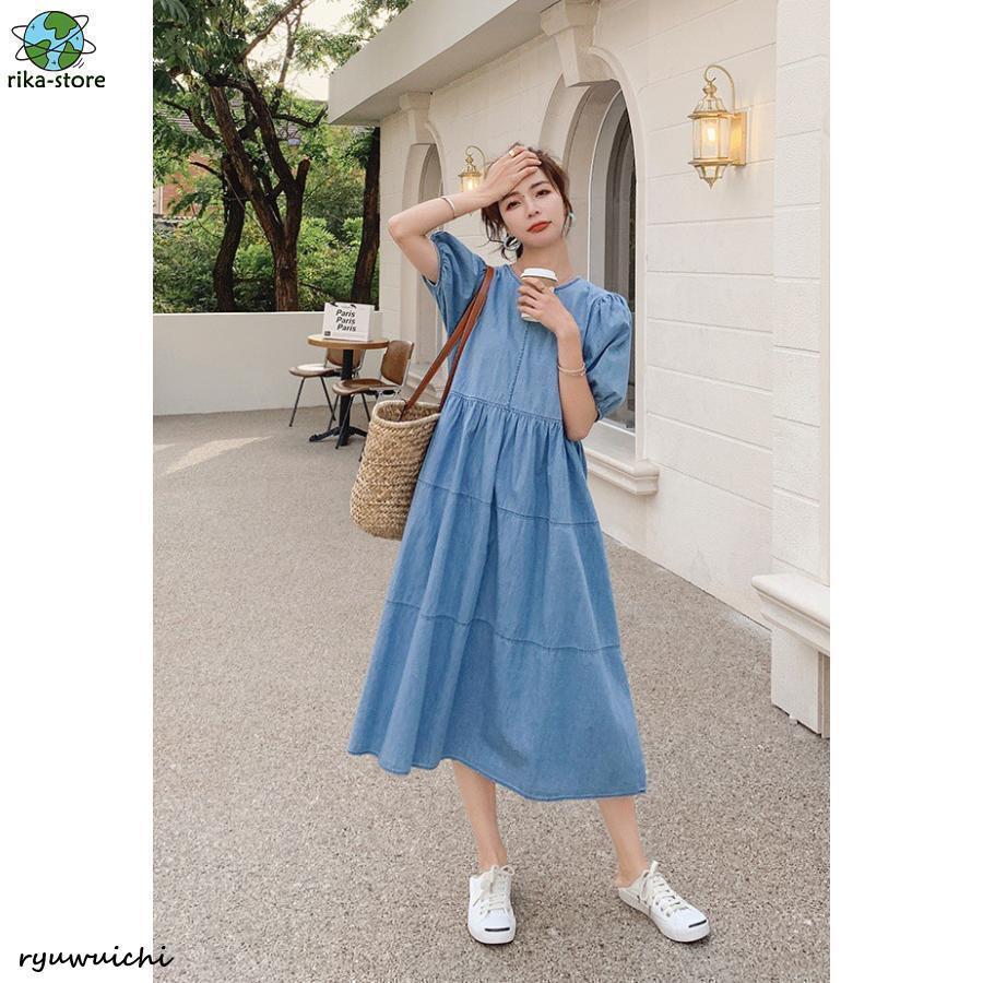 デニムワンピース ロング 半袖 ティアードワンピース Aライン ワンピース レディース パフスリーブ シンプル カジュアル 大きいサイズ 3L 春 夏 青 デニムワンピース ロング 半袖 ティアードワンピース Aライン