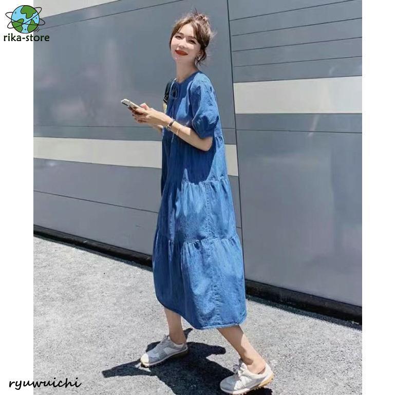 デニムワンピース ロング 半袖 ティアードワンピース Aライン
