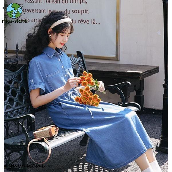 デニムワンピース ロング 半袖 デニム シャツワンピース 襟付き A