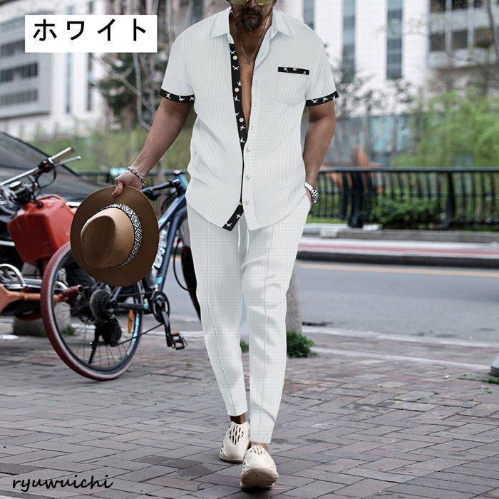 上下セット メンズ 半袖シャツ セットアップ カジュアル 部屋着 : 龍一