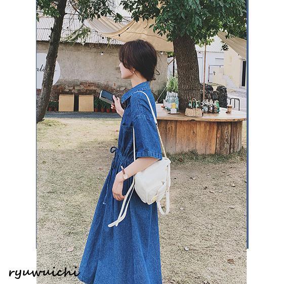 デニムワンピース 半袖 レディース 夏服 シャツワンピース ロング