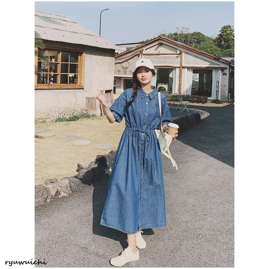 デニムワンピース 半袖 レディース 夏服 シャツワンピース ロング