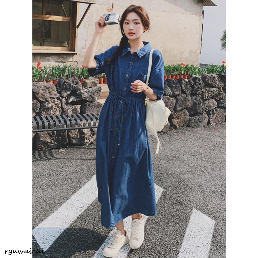 デニムワンピース 半袖 レディース 夏服 シャツワンピース ロング