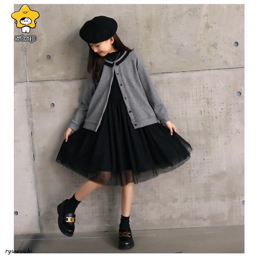 ワンピース  襟付き キッズ 子供服 女の子 長袖 正装 礼服 2点セットアップ  Aライン ピアノの発表会 卒業式 小学校 入学式 法事 喪服の画像