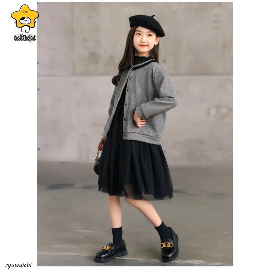 ワンピース  襟付き キッズ 子供服 女の子 長袖 正装 礼服 2点セットアップ  Aライン ピアノの発表会 卒業式 小学校 入学式 法事 喪服の画像