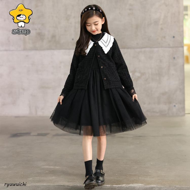 ワンピース  襟付き キッズ 子供服 女の子 長袖 正装 礼服 2点セットアップ  Aライン ピアノの発表会 卒業式 小学校 入学式 法事 喪服の画像