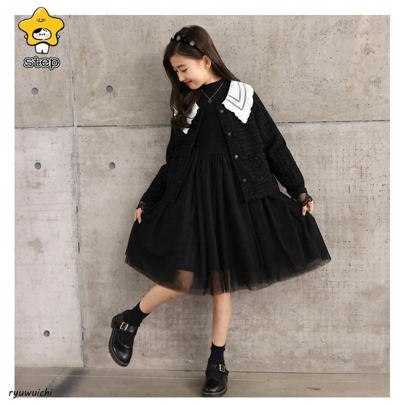 ワンピース  襟付き キッズ 子供服 女の子 長袖 正装 礼服 2点セットアップ  Aライン ピアノの発表会 卒業式 小学校 入学式 法事 喪服の画像