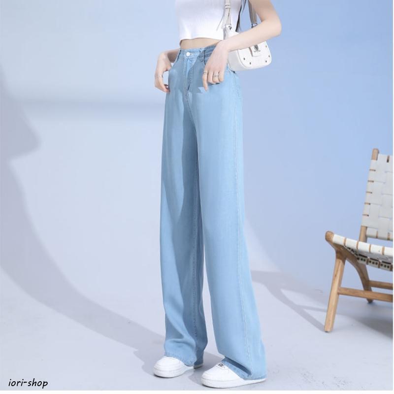 ストレートパンツ 夏デニムパンツ テンセル フェイクデニム 薄手