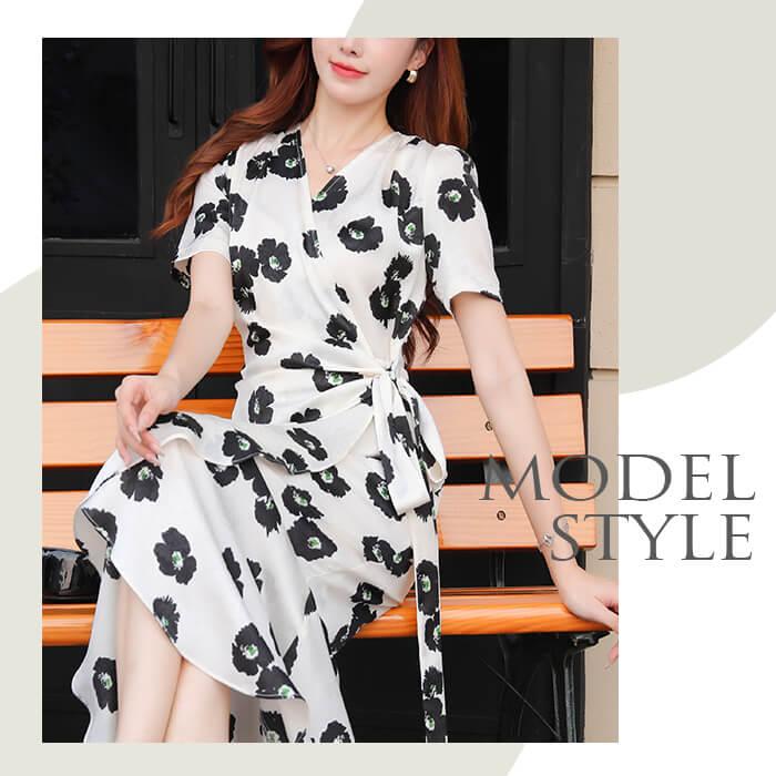 ワンピース レディース カシュクール リボン 花柄 総柄 半袖 フレア