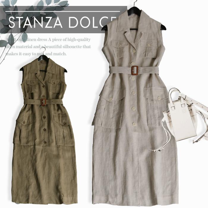 手数料安い ワンピース レディース リネン 麻 ミリタリー 2way 羽織り 上品 フェミニン ロング ノースリーブ 春 夏 大人