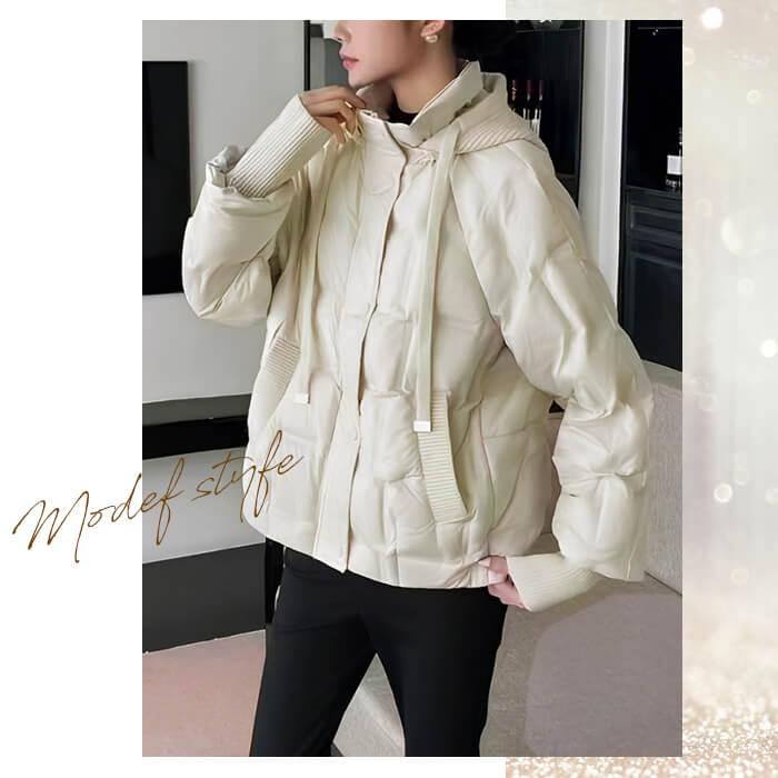 ダウンジャケット レディース ショート 白 ダウン80％ 異素材 ニット