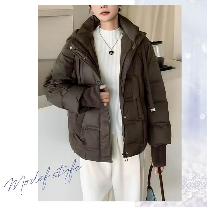 ダウンジャケット レディース ショート 白 ダウン80％ 異素材 ニット