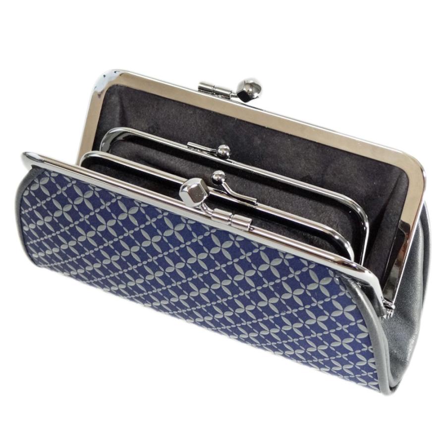 印傳屋 印伝 財布 親子がま口小銭入 1501 紺地鹿革グレー漆 七宝