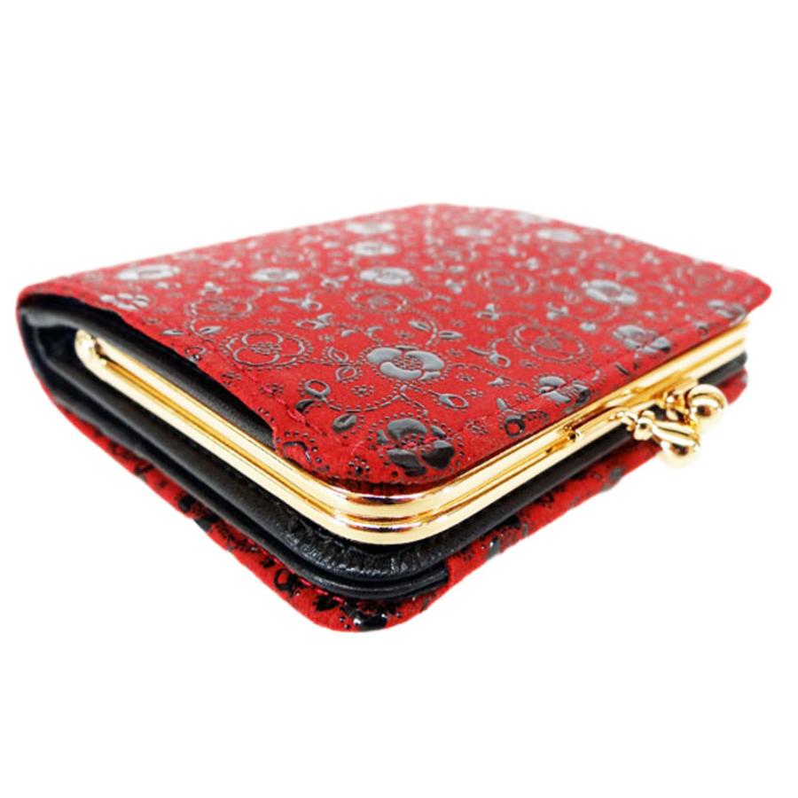 印傳屋（INDEN-YA） 印伝 財布 がま口札入れ 1607 赤地鹿革 黒漆 椿柄