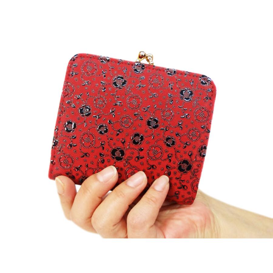 印傳屋（INDEN-YA） 印伝 財布 がま口札入れ 1607 赤地鹿革 黒漆 椿柄