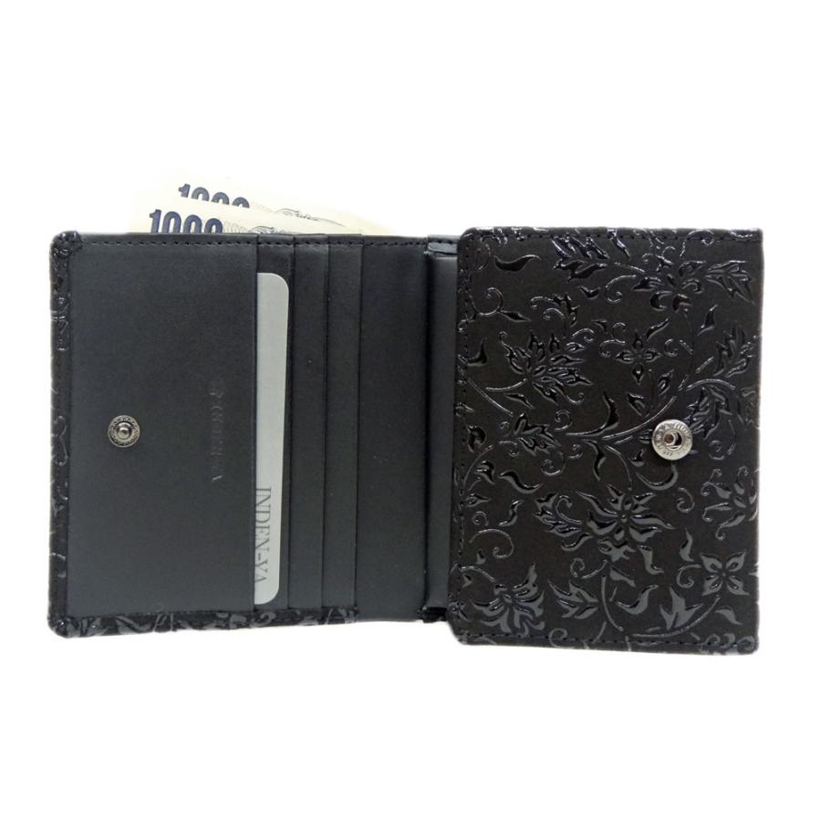 印傳屋（INDEN-YA） 印伝 財布 二つ折り札入 2204 黒地鹿革黒漆 花唐草