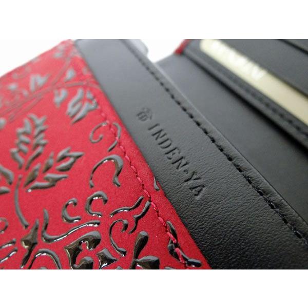 【新品未使用品・希少】印傳屋 印伝 二つ折り財布　赤地鹿革 黒漆 花唐草柄 印傳屋（INDEN-YA） 印伝 財布 二つ折り札入 2205 赤地鹿革 黒漆 花