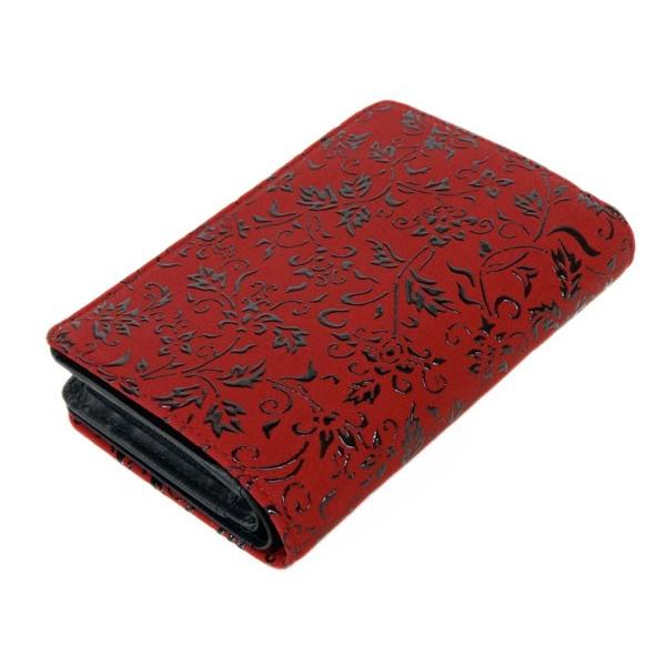 【新品未使用品・希少】印傳屋 印伝 二つ折り財布　赤地鹿革 黒漆 花唐草柄 印傳屋（INDEN-YA） 印伝 財布 二つ折り札入 2214 赤地鹿革 黒漆 花