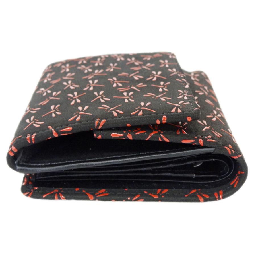 印傳屋 印伝 財布 二つ折り札入 2215 黒地鹿革 赤漆 とんぼ柄