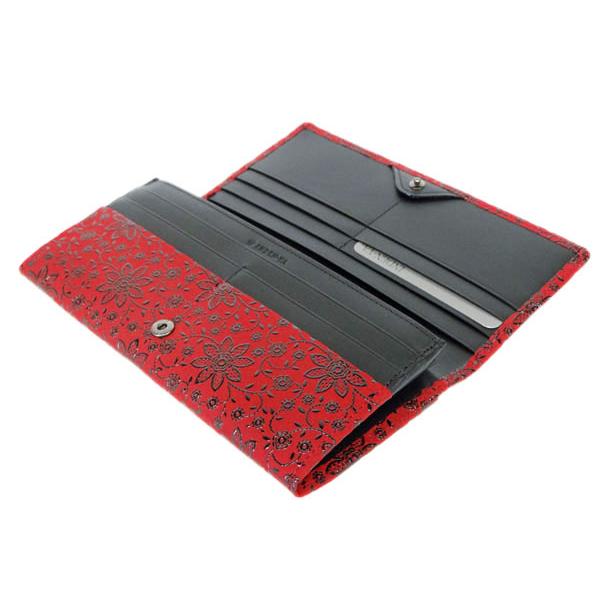 甲州印伝 本革 長財布 赤黒地×黒漆 花柄 印傳屋 クレマチス 札入れ 極美品 印傳屋（INDEN-YA） 印伝 長財布 束入 2308 赤地鹿革黒漆 クレマチス柄