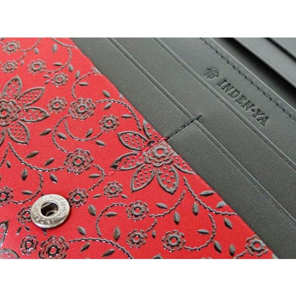 甲州印伝 本革 長財布 赤黒地×黒漆 花柄 印傳屋 クレマチス 札入れ 極美品 印傳屋 印伝 長財布 束入 2308 赤地鹿革黒漆 クレマチス柄 爆買