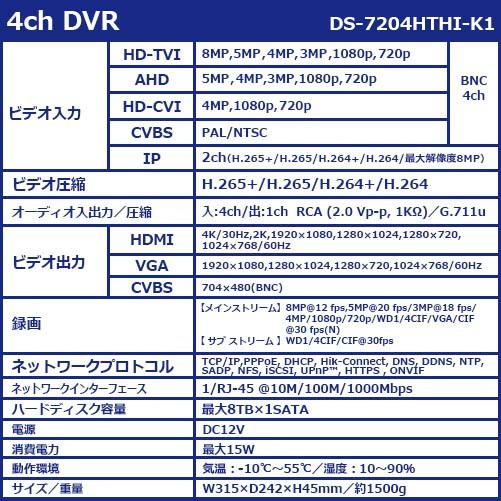 4K対応 レコーダー　4ch HD-TVI AHD ハイブリッド 録画機 800万画素 遠隔監視 HDD別売 1ベイ HIKVISION（ハイクビジョン） H.265 DS-7204HTHI-K1｜s-guard｜02