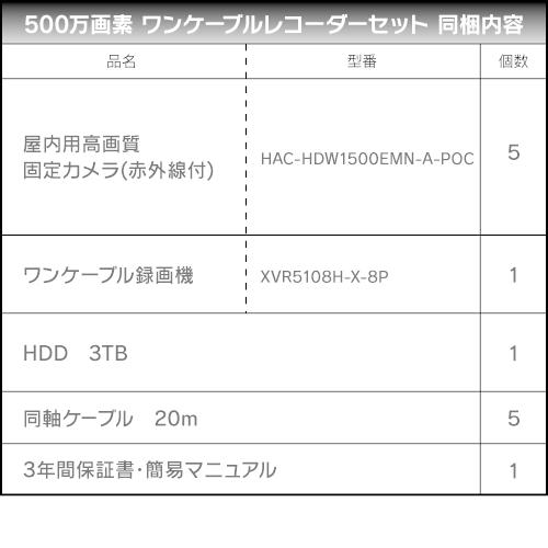 500万画素 ワンケーブルレコーダーセット 防犯カメラ 監視カメラ 5台 屋内用 8ch PoC電源機能付き 録画機 HDD3TB付属の画像
