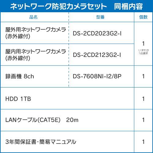 防犯カメラ 監視カメラ 1台 屋外用 屋内用 から選択 8ch POE内蔵 ネットワーク 録画機 セット HDD1TB付属 200万画素 FIXレンズ 赤外線付 IPカメラ 遠隔監視可の画像