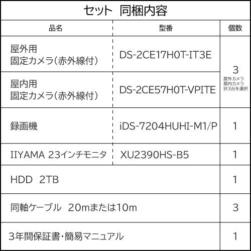 23インチモニター付属 500万画素 ワンケーブルレコーダーセット 防犯カメラ 監視カメラ 3台 屋外用 屋内用 から選択 4ch PoC電源機能付き 録画機 HDD2TB付属の画像