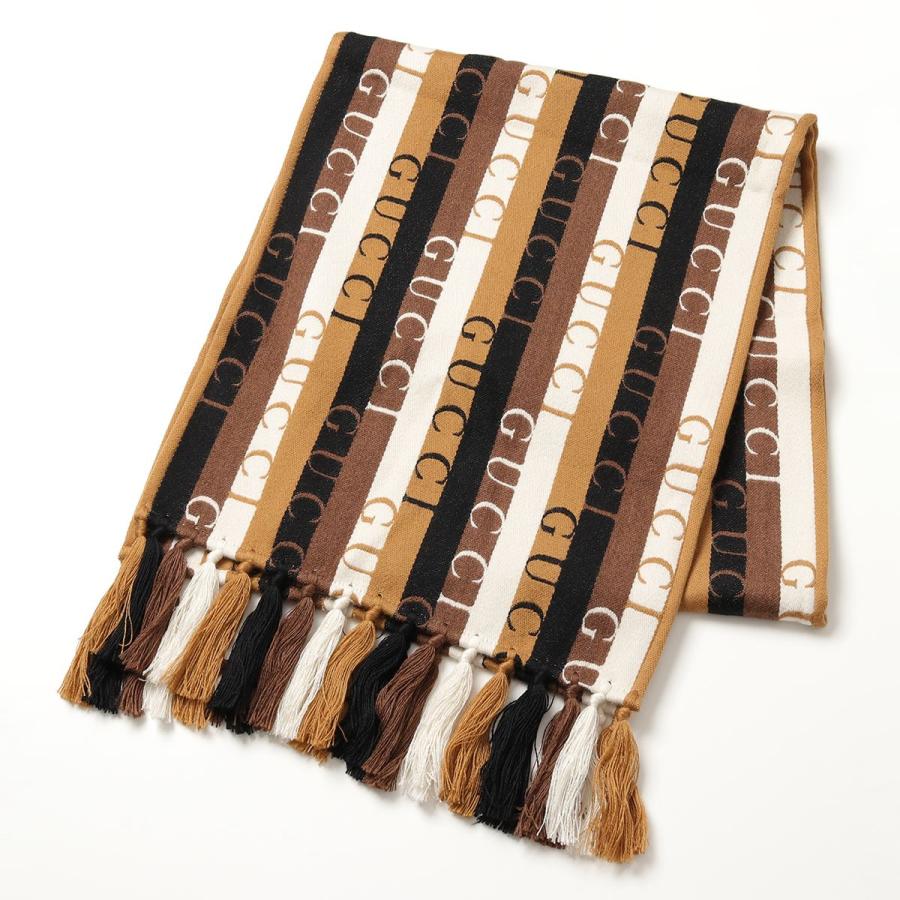 グッチ マフラー ウール GUCCI ロゴ ストライプ フリンジ ブラウン色