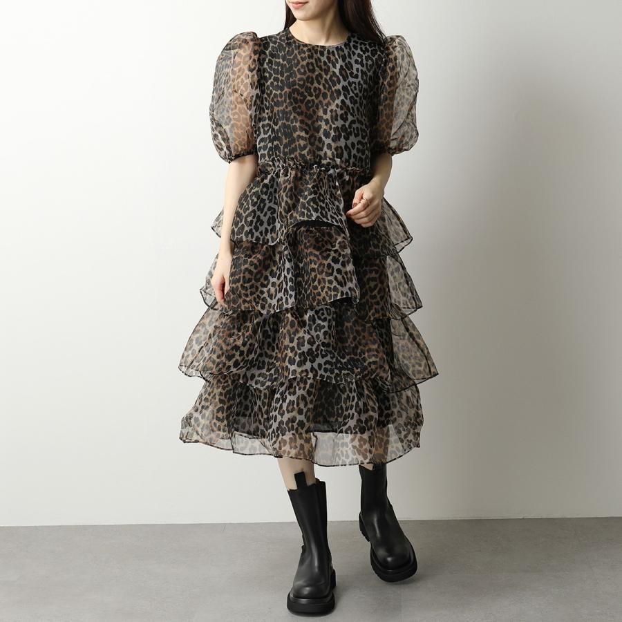 まとめ買い 6268 F6126 ガニー Ganni 21年秋冬新作 パフスリーブ レディース 943 Leopard カットソー シースルー フリル ワンピース ドレス レオパード ワンピース チュニック
