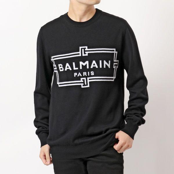 BALMAIN バルマン ニット セーター メンズ WH1KD000 K037 ウール クルーネック ジャガード ロゴ EAB/NOIR