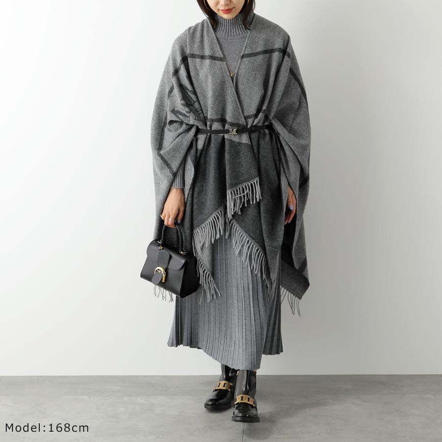 マックスマーラケープポンチョコートウールグレーフリンジストール