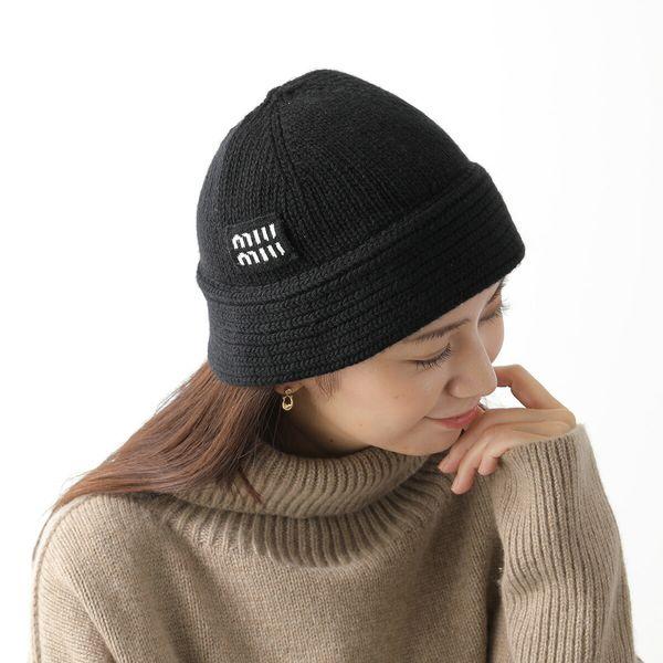 MIUMIU ミュウミュウ ハット 5HC308 2B8O レディース ウール カシミヤ ケーブル ニット帽 ロゴ 帽子 F0002/NERO