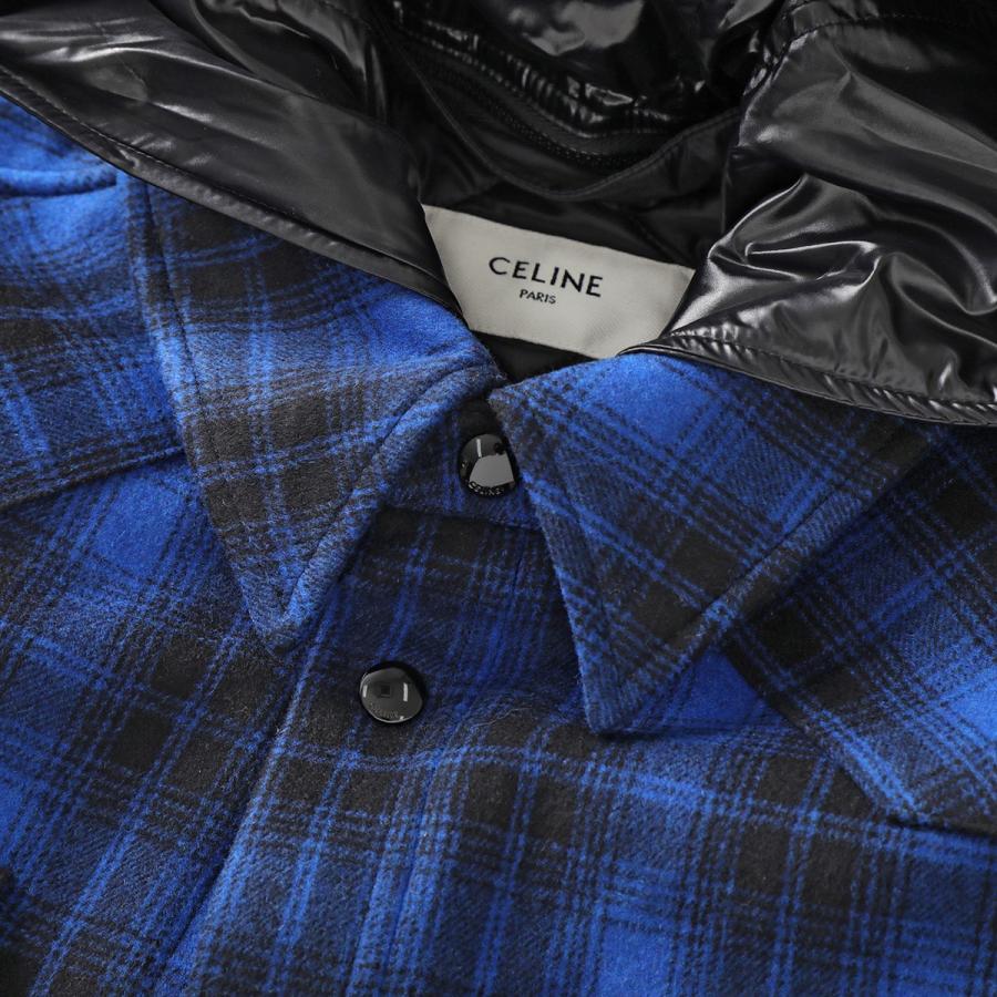 CELINE セリーヌ シャツジャケット 2W410994R.07RK メンズ ウールフランネル チェック オーバーシャツ ロゴ フード付き 中綿  ブルゾン ブルー×ブラック