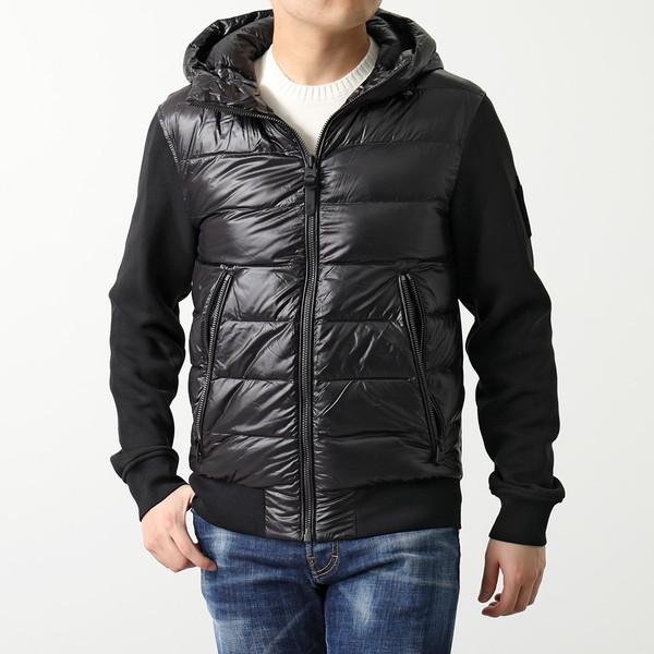 MACKAGE マッカージュ ライトダウンジャケット FRANK メンズ フード付き ジップアップ パーカー 異素材切替 ロゴ ブルゾン Black | Mackage
